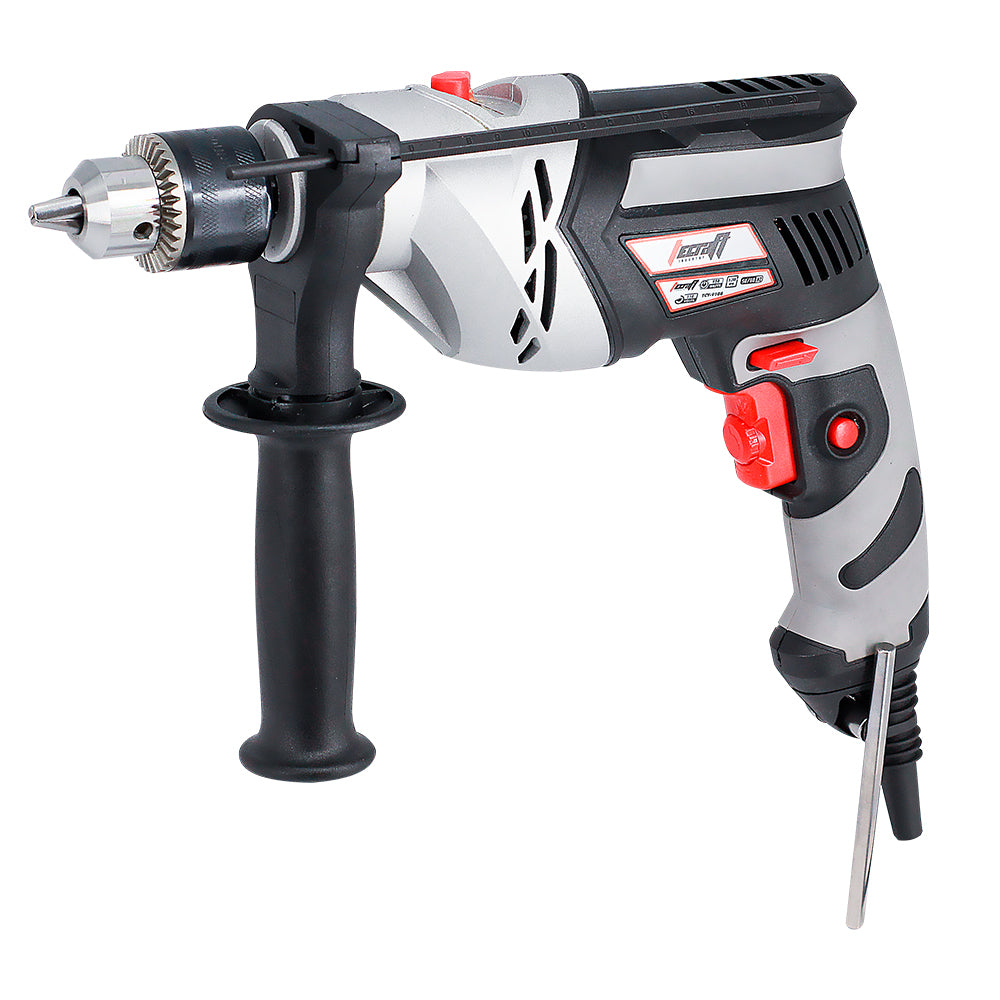 Taladro percutor profesional de 1/2". 950W conexión a 110V. 3.200RPM. Especializado en trabajos de rotación en maderas y metales y percusión en concreto.