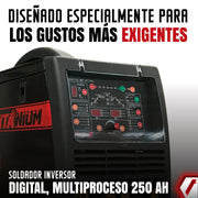 Equipo de soldadura inverter Industrial multiproceso para trabajos pesados de 250 amperios con conexión a 110 - 220V. Ideal para soldar TIG en Aluminio. Marca Tecraft Industry