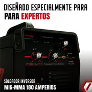 Equipo de soldadura inverter profesional multiproceso para trabajos semi pesados de 180 amperios con conexión a 110 - 220V. Especializado en proceso MIG. Marca Tecraft Industry
