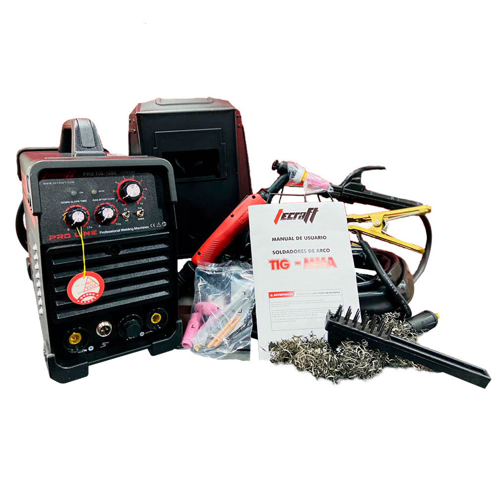 Equipo de soldadura inverter Semi Industrial  para trabajos semi pesados  de 200 amperios con conexión a  110V - 220V. Ideal para proceso TIG de Alta Frecuencia. Marca Tecraft Industry
