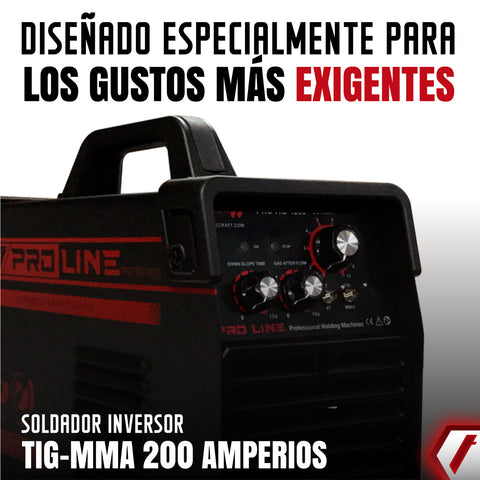 Equipo de soldadura inverter Semi Industrial  para trabajos semi pesados  de 200 amperios con conexión a  110V - 220V. Ideal para proceso TIG de Alta Frecuencia. Marca Tecraft Industry