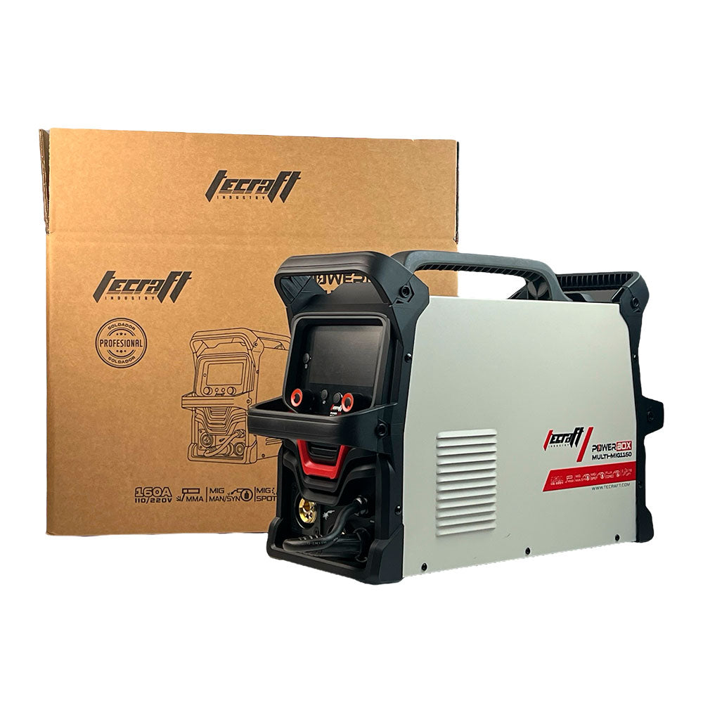 Soldador inversor profesional Multiproceso MMA/TIG LIFT/MIG Flux Cored de 160 amperios con conexión a 110/220V bifásico marca Tecraft Industry de tecnología alemana.