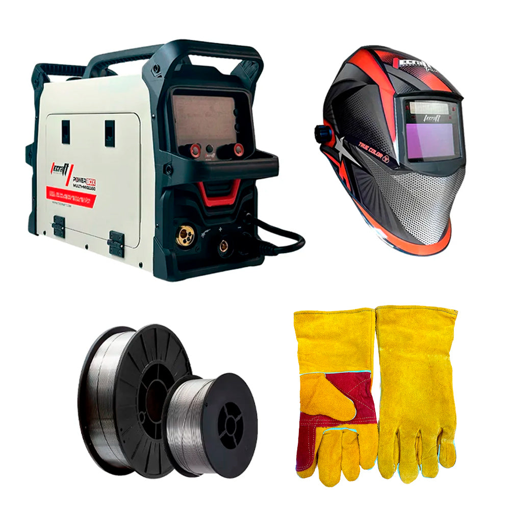 SOLDADOR MULTIPROCESO 160AH 110/220V + CARETA FOTOSENSIBLE FILTRO TRU COLOR + 1 ROLLO 1KG FLUX CORED + 1 ROLLO 5KG FLUX CORED + GUANTES DE CARNAZA