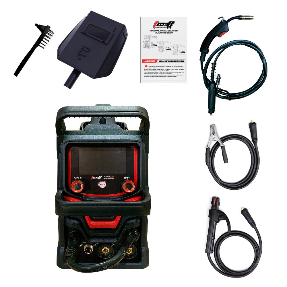 Soldador inversor profesional proceso MMA/TIG LIFT/MIG de 140 amperios con conexión a 110/220V bifásico marca Tecraft Industry de tecnología alemana.