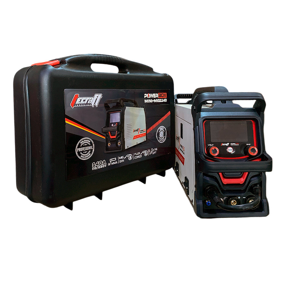Soldador inversor profesional proceso MMA/TIG LIFT/MIG de 140 amperios con conexión a 110/220V bifásico marca Tecraft Industry de tecnología alemana.
