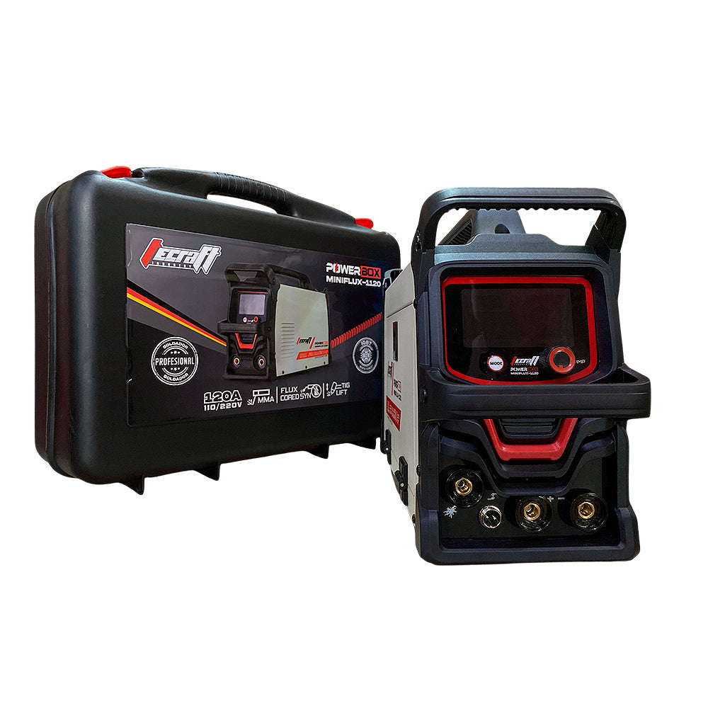 Soldador inversor profesional proceso MMA/MIG FLUX de 120 amperios con conexión a 110/220V bifásico marca Tecraft Industry de tecnología alemana.