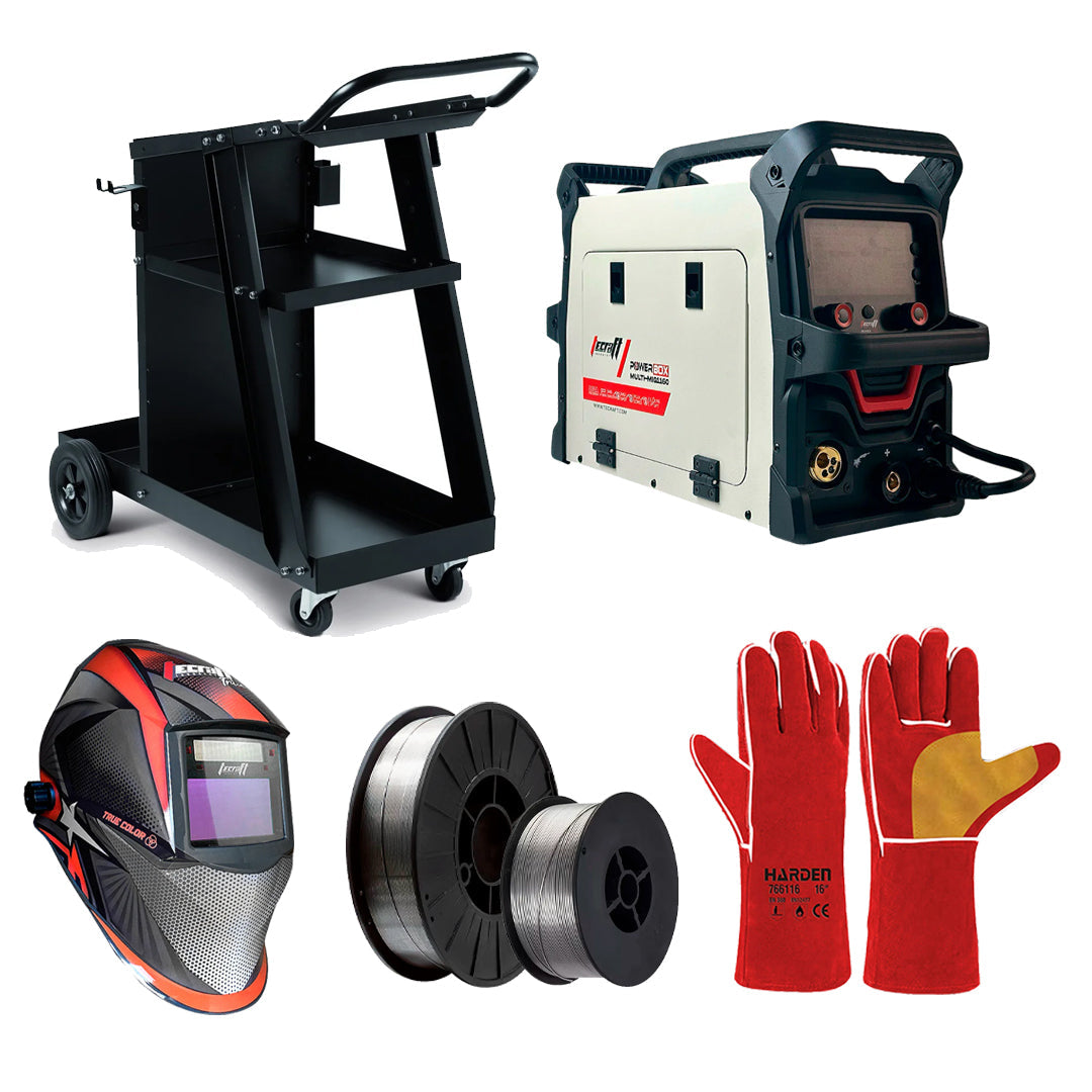 SOLDADOR MULTIPROCESO 160AH 110/220V + CARETA FOTOSENSIBLE FILTRO TRU COLOR + CARRO PARA SOLDADOR + 1 ROLLO 1KG FLUX CORED + 1 ROLLO 5KG FLUX CORED + GUANTES DE CARNAZA