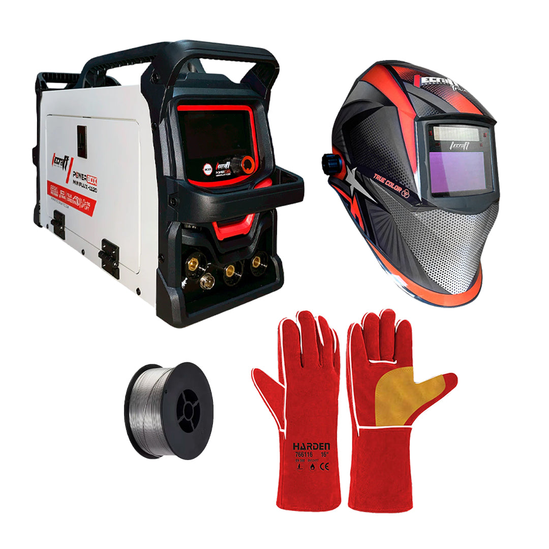 SOLDADOR INVERSOR 120AH 110/220V + CARETA FOTOSENSIBLE TRUE COLOR + 1KG SOLDADURA FLUX CORED + GUANTES DE CARNAZA