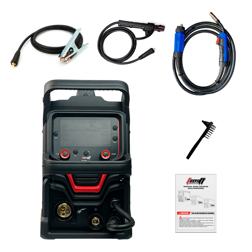 Soldador inversor profesional Multiproceso MMA/TIG LIFT/MIG Flux Cored de 160 amperios con conexión a 110/220V bifásico marca Tecraft Industry de tecnología alemana.