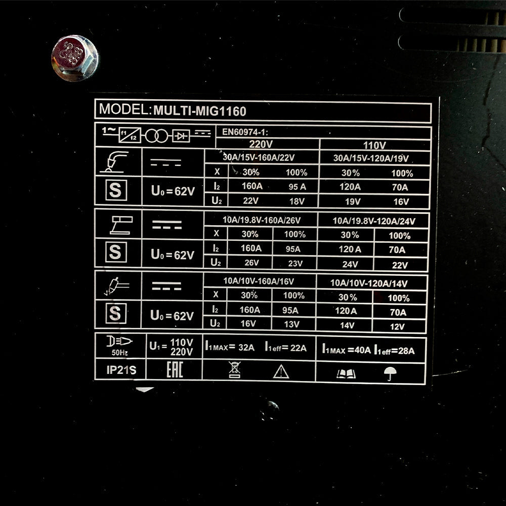 Soldador inversor profesional Multiproceso MMA/TIG LIFT/MIG Flux Cored de 160 amperios con conexión a 110/220V bifásico marca Tecraft Industry de tecnología alemana.