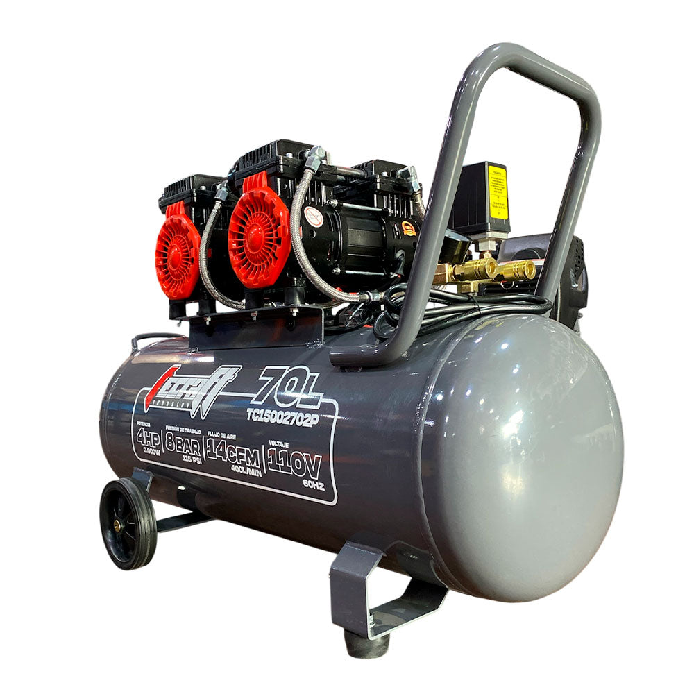 Compresor Profesional de tiro directo marca Tecraft Industry de 70L 3HP con conexión a 110v.