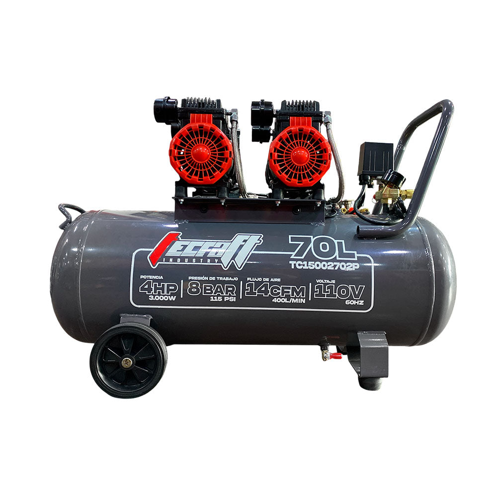 Compresor Profesional de tiro directo marca Tecraft Industry de 70L 3HP con conexión a 110v.