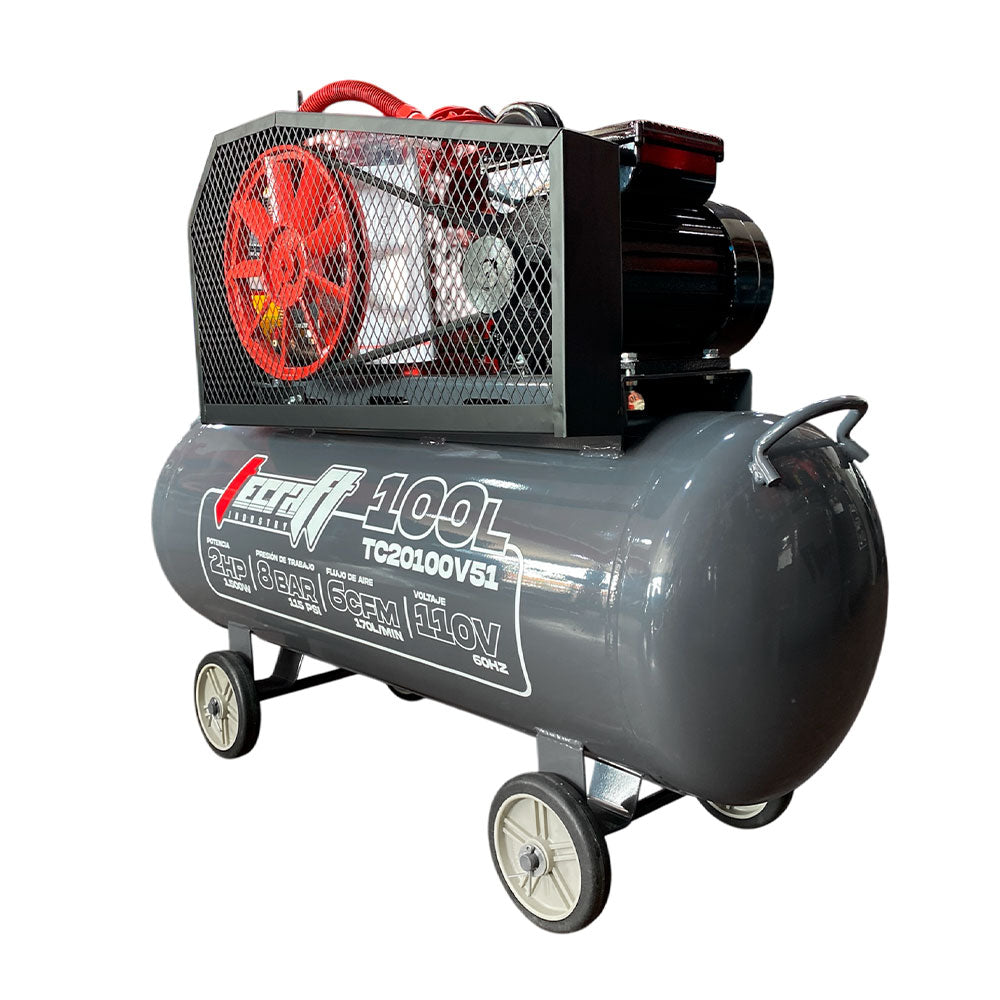 Compresor Profesional de Polea marca Tecraft Industry de 100L 2HP con conexiona 110v.
