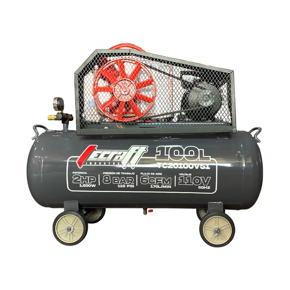 Compresor Profesional de Polea marca Tecraft Industry de 100L 2HP con conexiona 110v.
