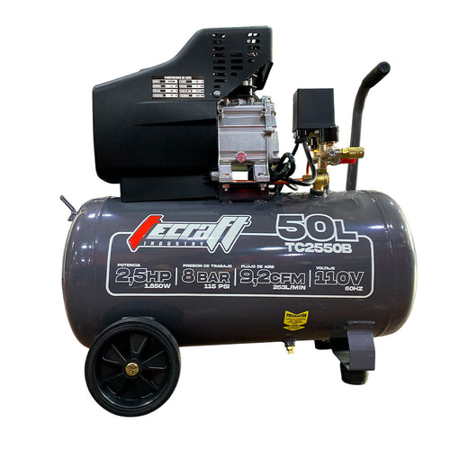 Compresor Profesional de tiro directo marca Tecraft Industry de 50L 2.1/2 HP con conexión a 110v.