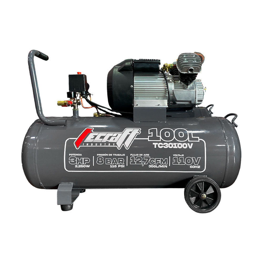 Compresor Profesional de tiro directo marca Tecraft Industry de 100L 3 HP con conexión a 110v.