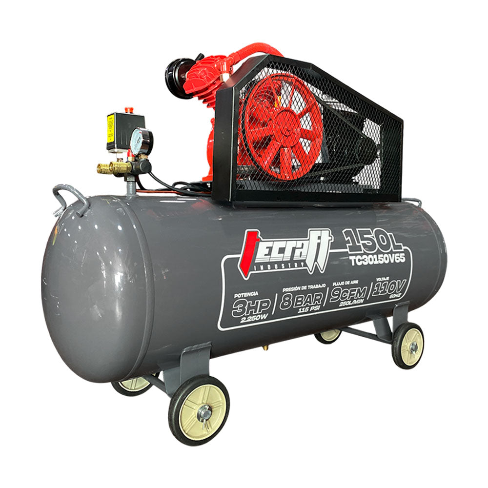 Compresor Profesional de Polea marca Tecraft Industry de 150L 3HP con conexiona 110v.