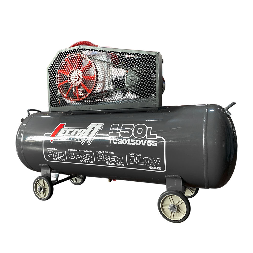 Compresor Profesional de Polea marca Tecraft Industry de 150L 3HP con conexiona 110v.