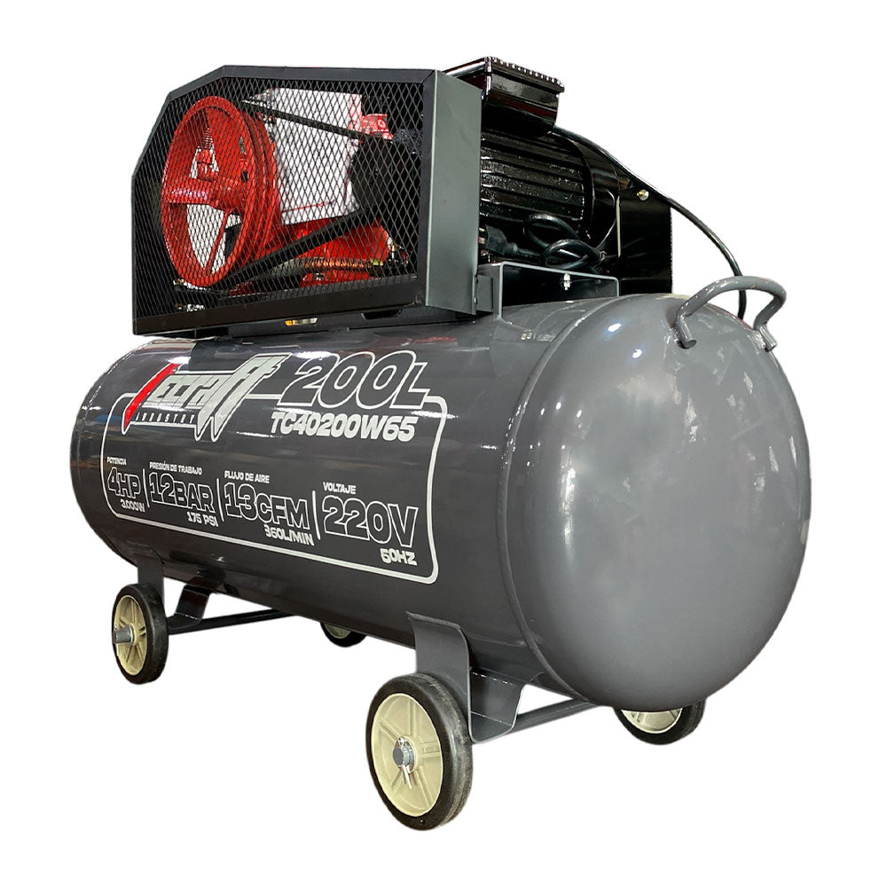 Compresor Profesional de Polea marca Tecraft Industry de 200L 4HP con conexiona 220v.