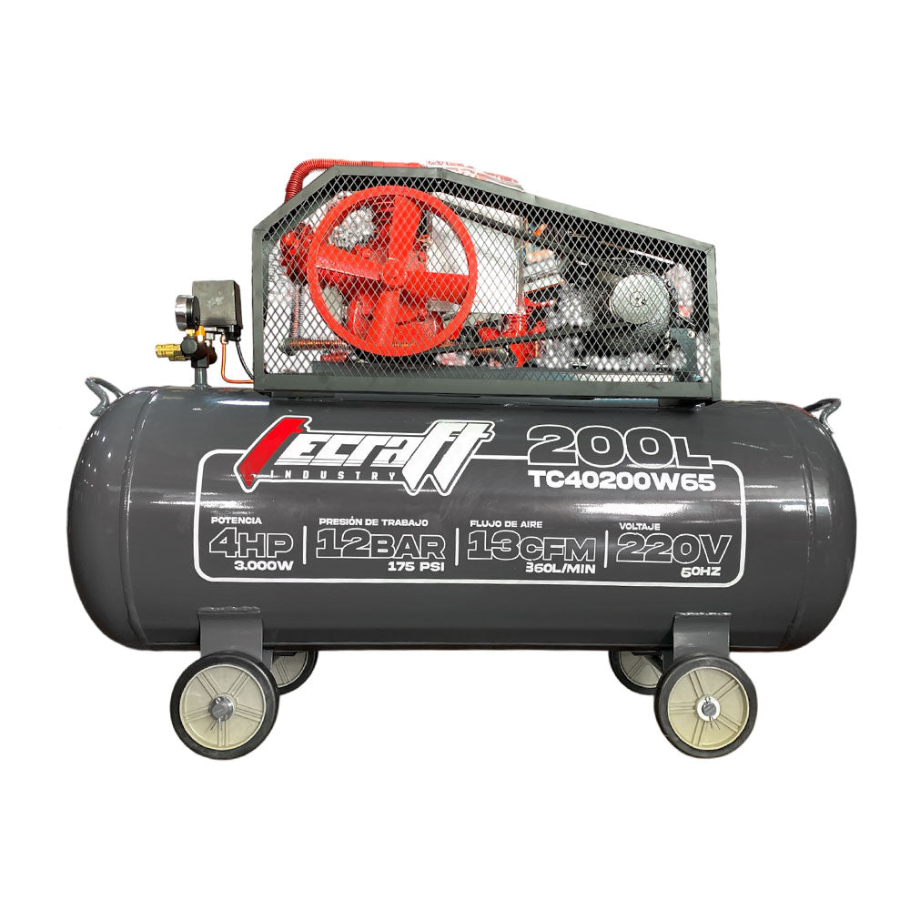 Compresor Profesional de Polea marca Tecraft Industry de 200L 4HP con conexiona 220v.