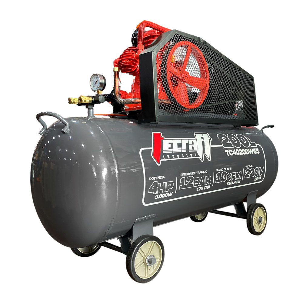 Compresor Profesional de Polea marca Tecraft Industry de 200L 4HP con conexiona 220v.