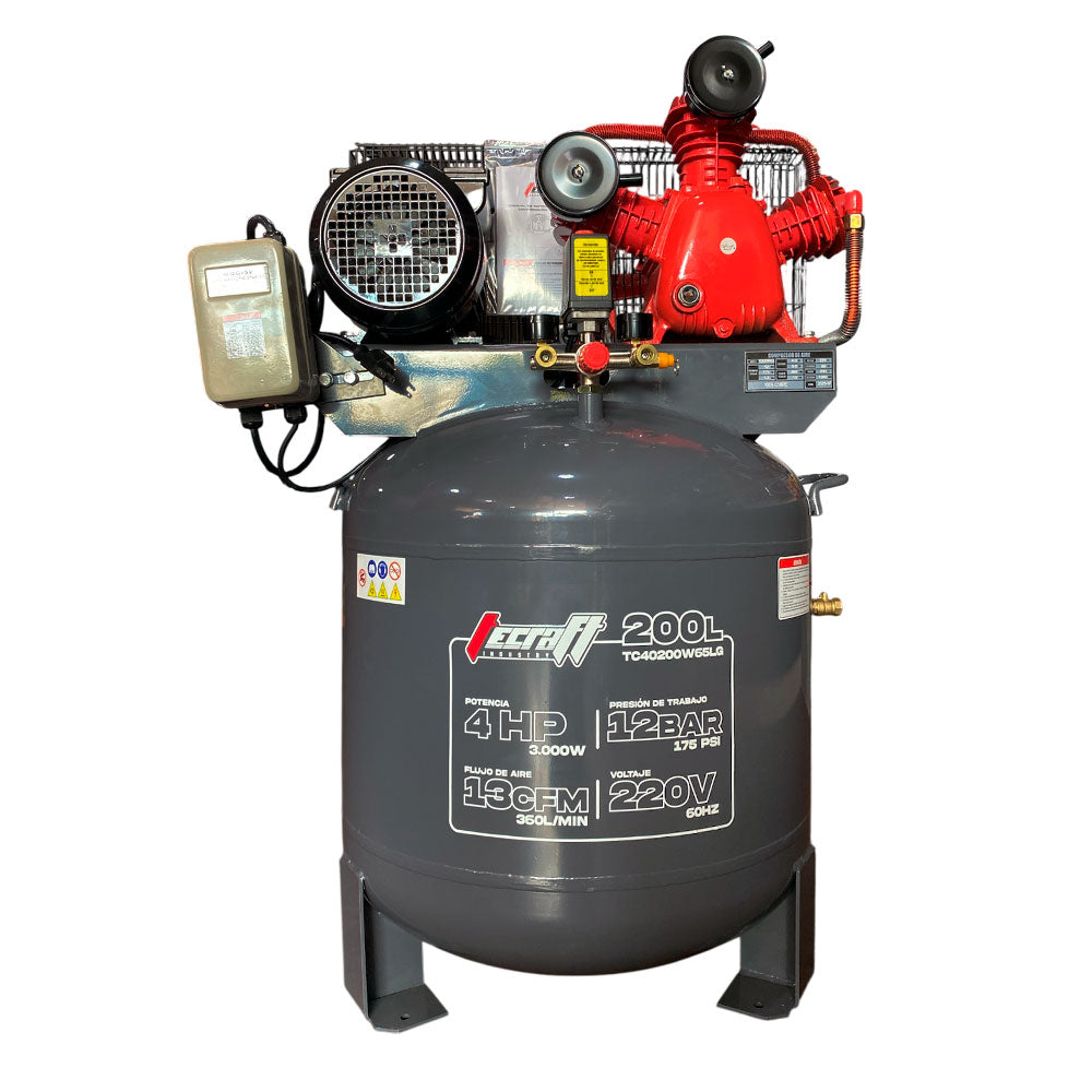 Compresor Vertical de Polea marca Tecraft Industry de 200L 4HP con conexiona 220v.