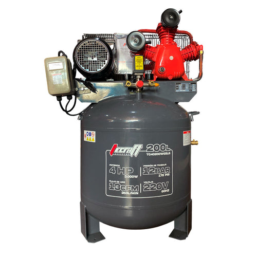 Compresor Vertical de Polea marca Tecraft Industry de 200L 4HP con conexiona 220v.