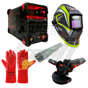 SOLDADOR INVERSOR 200AH 110/220 + PULIDORA 4.1/2" SIN ESCOBILLAS + CARETA FOTOSENSIBLE TRUE COLOR + 1KG 7018 1/8" + GUANTES DE CARNAZA