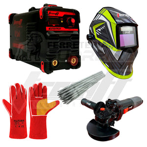 SOLDADOR INVERSOR 250AH 220V + PULIDORA 4.1/2" SIN ESCOBILLAS + CARETA FOTOSENSIBLE TRUE COLOR + 1KG 7018 1/8" + GUANTES DE CARNAZA (Copia)