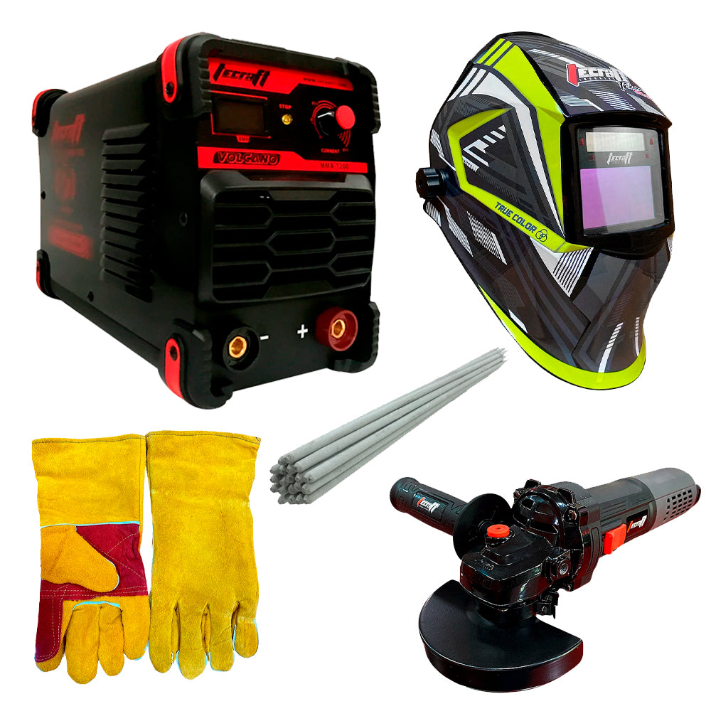 SOLDADOR INVERSOR 200AH 110/220 + PULIDORA 4.1/2" SIN ESCOBILLAS + CARETA FOTOSENSIBLE TRUE COLOR + 1KG 7018 1/8" + GUANTES DE CARNAZA