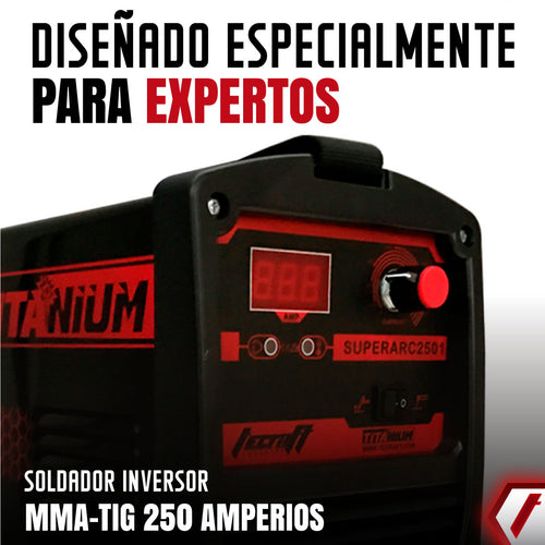 Equipo de soldadura inverter Industrial  para trabajos pesados  de 250 amperios con conexión a  110V - 220V.  Ideal para electrodos Aluminio - 6010. Marca Tecraft Industry