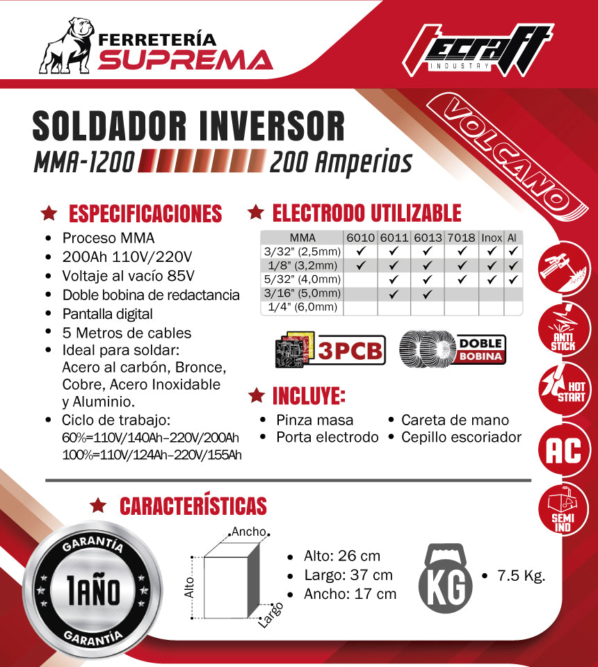 Equipo de soldadura Semi Industrial proceso MMA/TIG LIFT 200Ah 110V/220V