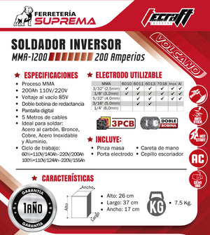 Equipo de soldadura Semi Industrial proceso MMA/TIG LIFT 200Ah 110V/220V