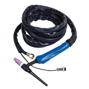 Antorcha TIG HF PRO ( Alta frecuencia ) de 4 metros de largo incluye manguera, cable, boquilla, cuerpo de porta electrodo, electrodo y buza y tapa posterior. 