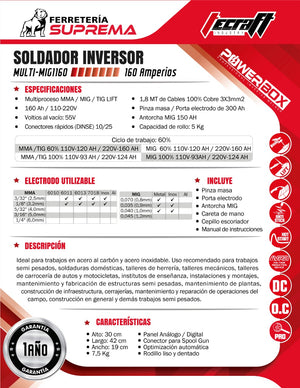 Equipo De Soldadura Profesional Multiproceso MMA/MIG/TIG  de 160Ah 110V/220V